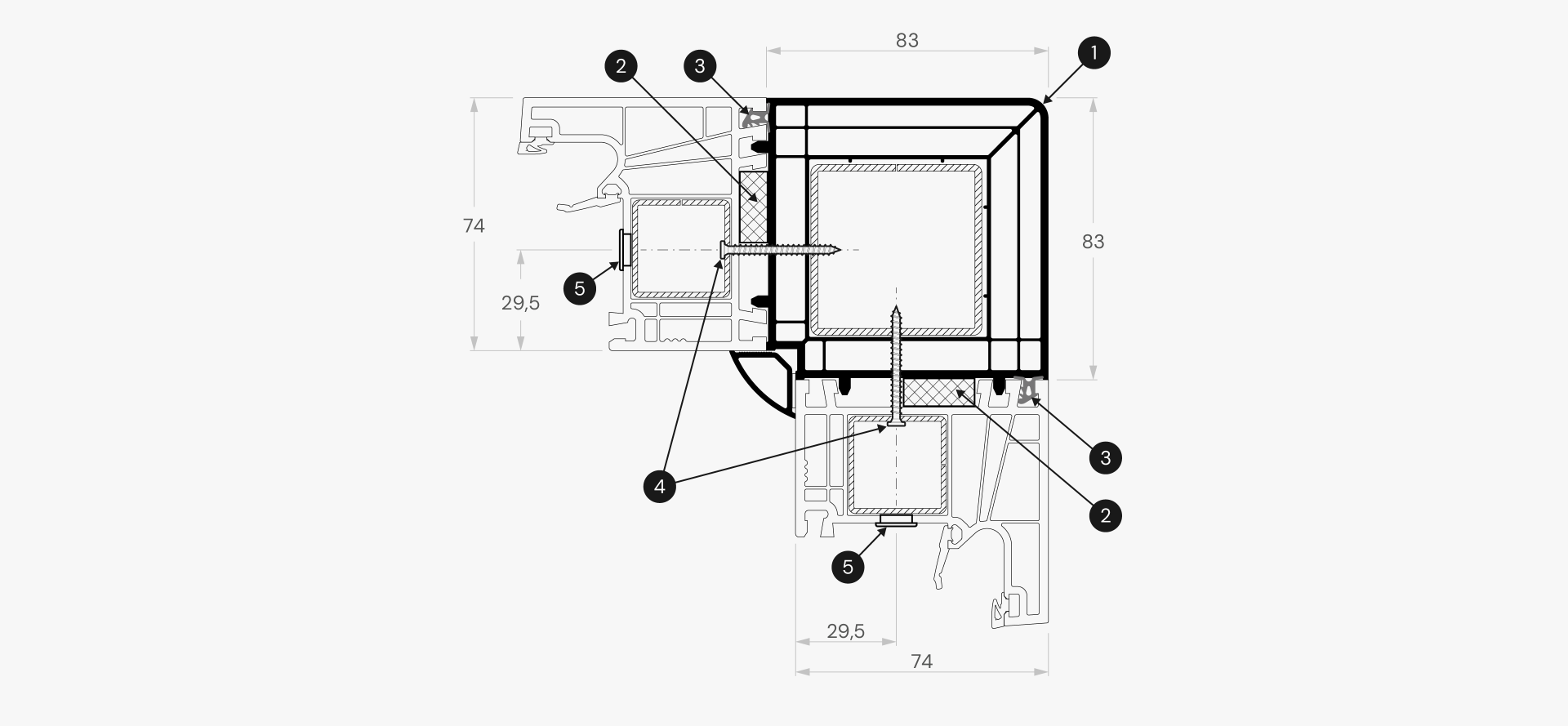 Монтажные узлы углового соединительного профиля, 90°. LINEAR